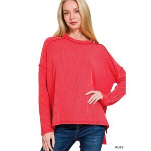 ✨NWT Zenana Full Size Exposed Seam Long Sleeve Corded Rib Knit Top Plus Size